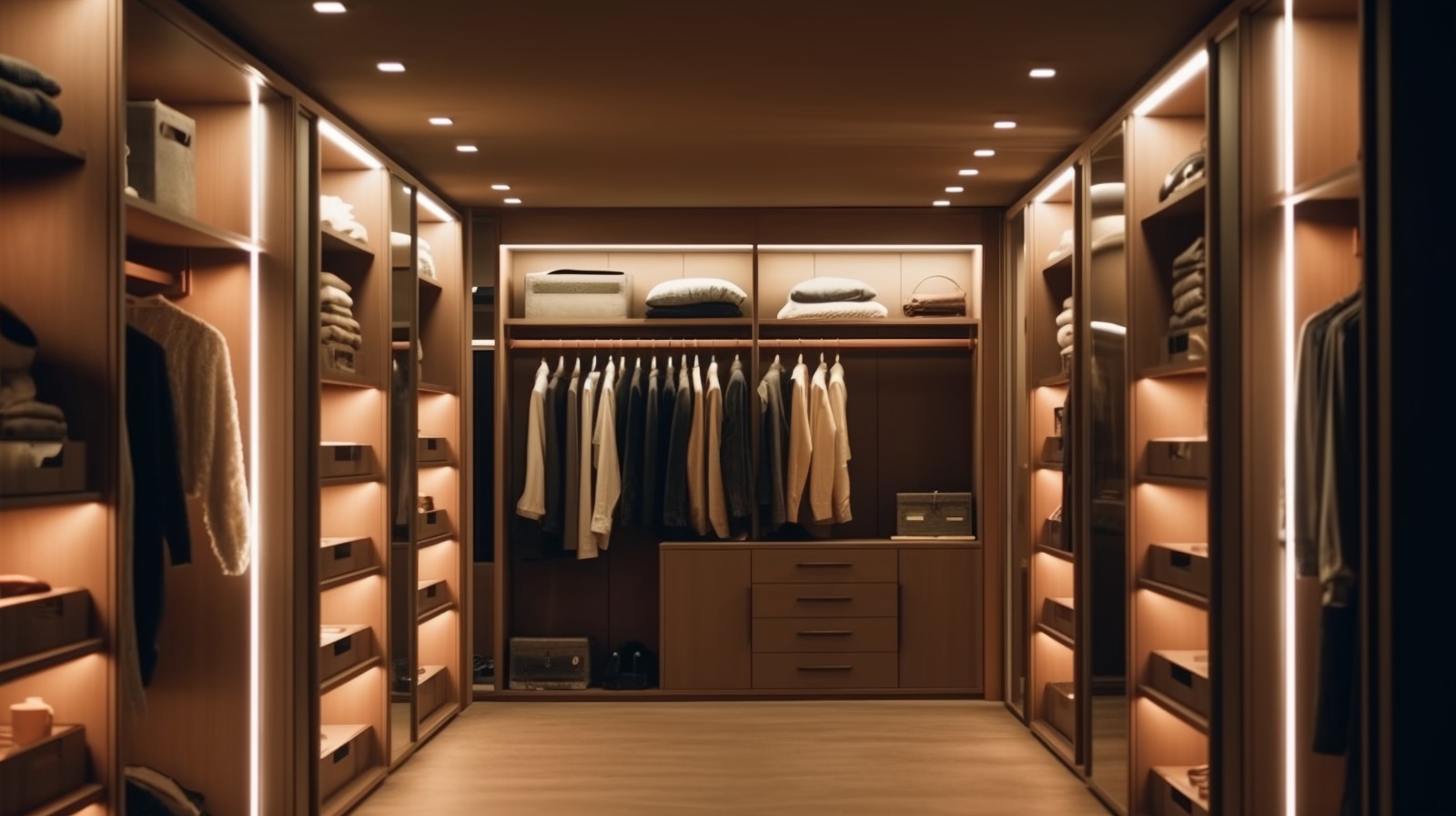 Rigid LED light bars installed along wardrobe rail and under-shelf lighting in furniture interior