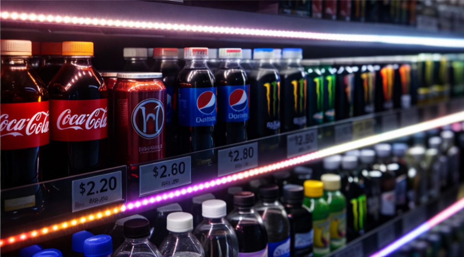 LED strips installed on retail shelving and display racks showing uniform brightness across long runs