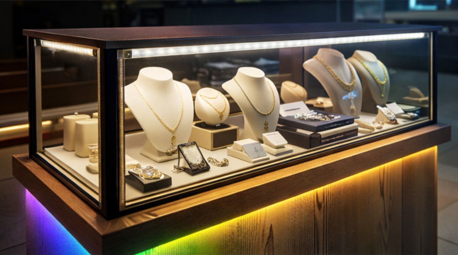 Rigid LED light bars installed at shelf edges and under-shelf lighting for retail display racks